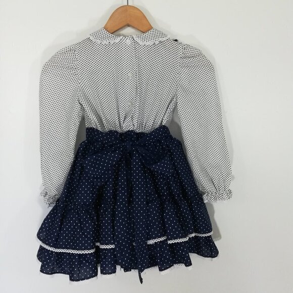 Vintage Miss Quality Girl Ruffled Dress Size 6 Polka Dot Lace Circle 80s Bow - Picture 12 of 15